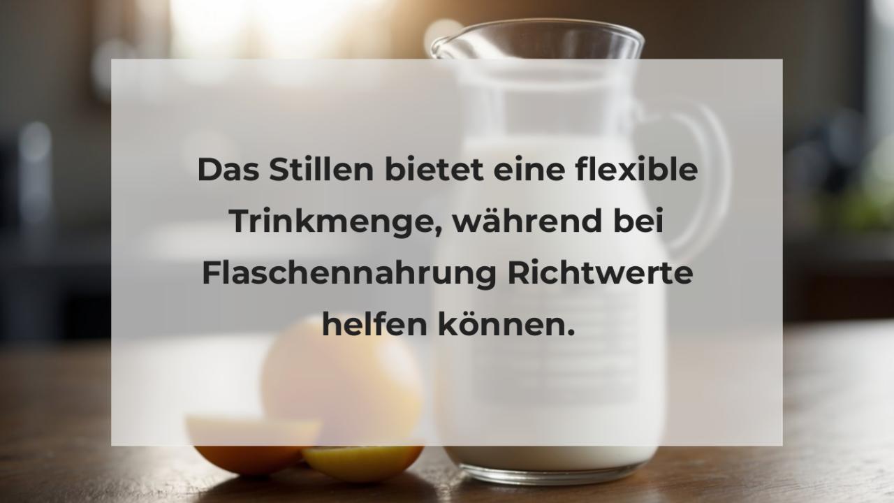 Das Stillen bietet eine flexible Trinkmenge, während bei Flaschennahrung Richtwerte helfen können.