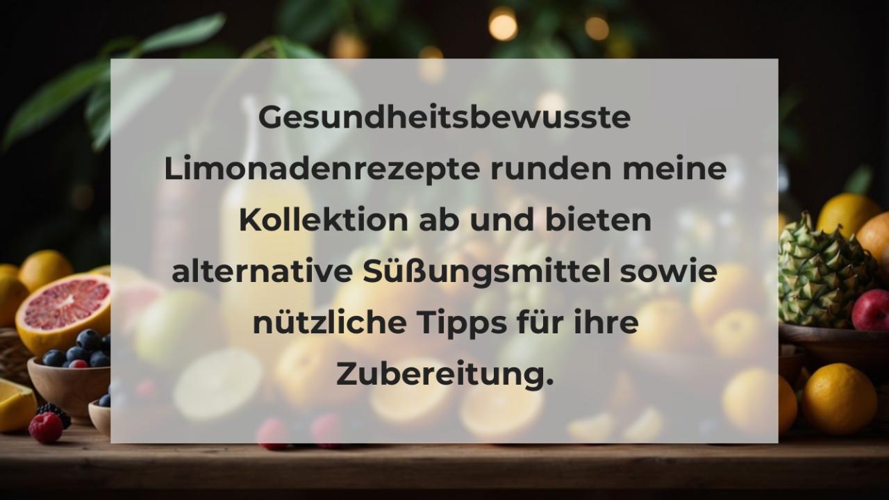 Gesundheitsbewusste Limonadenrezepte runden meine Kollektion ab und bieten alternative Süßungsmittel sowie nützliche Tipps für ihre Zubereitung.