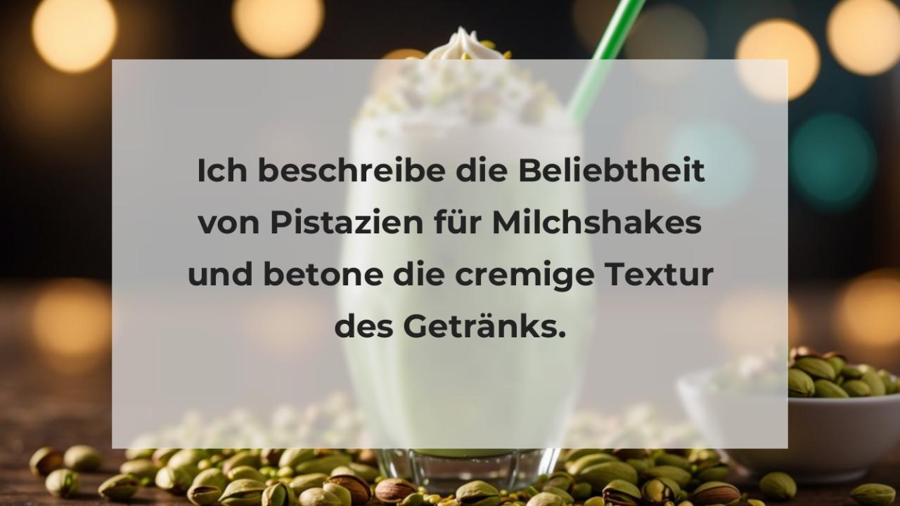 Ich beschreibe die Beliebtheit von Pistazien für Milchshakes und betone die cremige Textur des Getränks.