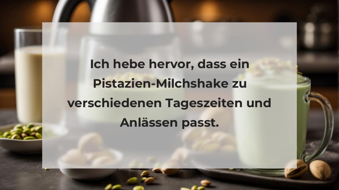 Ich hebe hervor, dass ein Pistazien-Milchshake zu verschiedenen Tageszeiten und Anlässen passt.